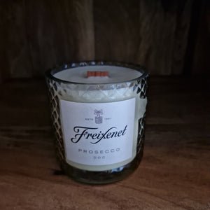 Freixenet repurposed bottle candle. Vegan wax. Wood wick. 