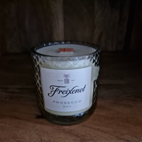 Freixenet repurposed bottle candle. Vegan wax. Wood wick. 
